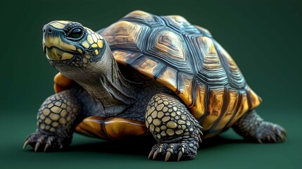 Obraz premium Tortoise: Close-up of a tortoise with a patterned shell against a soft green backdrop, capturing intricate textures and details of the creature's form.