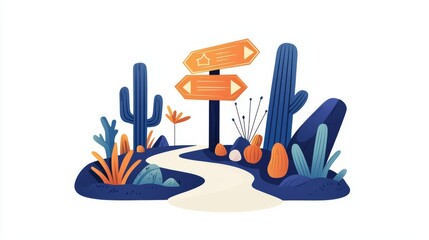 A colorful illustration of a pathway surrounded by various plants and directional signs, inviting exploration.