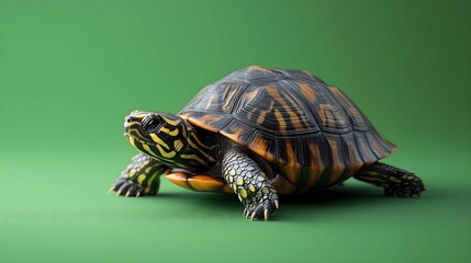 Obraz premium Turtle on Green: A striking turtle, with a textured shell and focused gaze, poses against a vivid green background, capturing its prehistoric charm. 