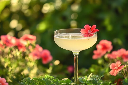 Refreshing elderflower spritz cocktail or aperitif drink served in a glass with a floral garnish of leaves and petals This light fizzy and delicate beverage is perfect for summer and parties