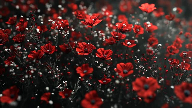 Vibrant red flowers bloom in a lush field during early evening, creating a striking landscape filled with color