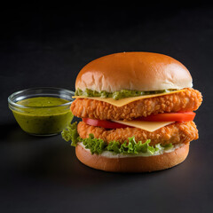 Crispy chicken sandwich with fresh lettuce, tomato, cheddar cheese, and green sauce on a brioche bun.