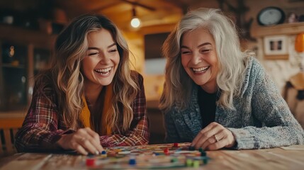 Fototapeta premium Joyful Moments During Family Game Night With Two Women Smiling