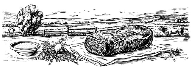 Obraz premium Engraved illustration of a rustic countryside setting with bread and herbs on a table