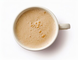cup with soy milk bubble foam isolated on white background top view