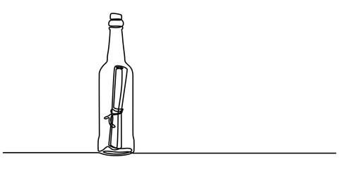 Continuous one line drawing of a message in a bottle. Simple vector illustration, Message in a bottle one line art, Icon with reflection on white background, SOS concept. Single line draw, minimal.   