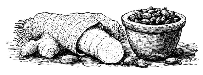 Engraved illustration of root vegetables and spices arranged on a textured surface with woven fabric