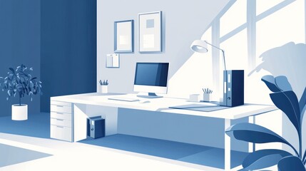 Modern office desk with computer and plants. Interior design. Background Light. Possible use Stock photo for office supplies, workspace design, or interior design inspiration