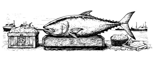 Obraz premium Engraved illustration of a large fish displayed on crates next to fishing boats in a coastal setting