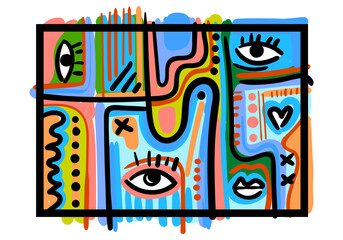 abstract face illustration in a cubist and pop art style, featuring geometric shapes