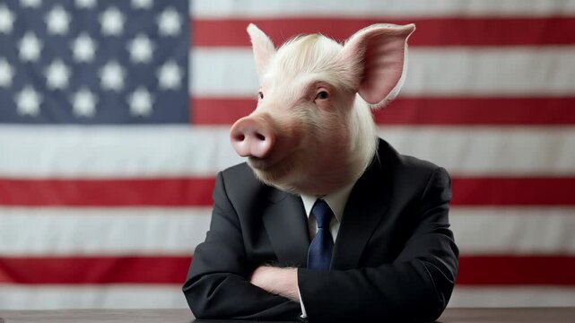 pig dressed in a formal business suit with the US flag in the background