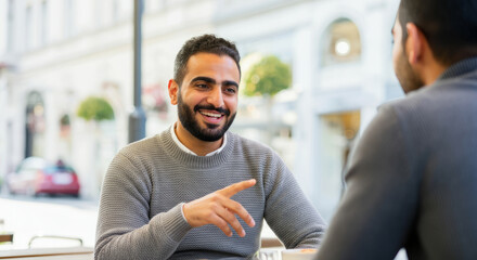 Young caucasian male engaging in friendly conversation at outdoor cafe