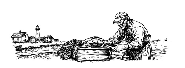 Fototapeta premium Engraved illustration of a fisherman preparing catch by the shore with a lighthouse and village in the background