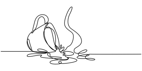 A cup of drink continuous one line drawing vector illustration. Coffee or tea splashes out of the cup, Single continuous line drawing coffee splashing out of cup. Cup of tea with tea and splashes. 