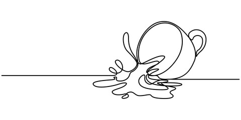 A cup of drink continuous one line drawing vector illustration. Coffee or tea splashes out of the cup, Single continuous line drawing coffee splashing out of cup. Cup of tea with tea and splashes. 