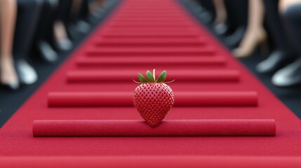 Strawberry on red carpet amidst people. Symbolizes unique offering, exclusive product or service launch