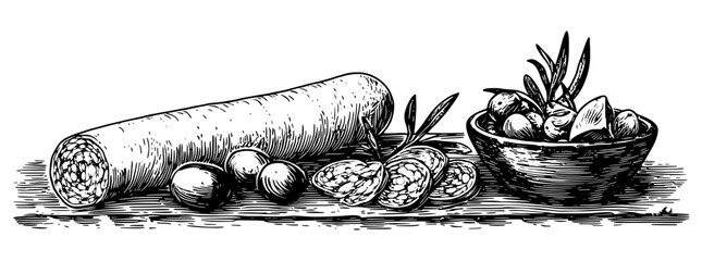 Engraved illustration of a traditional charcuterie board featuring meats, eggs, and vegetables