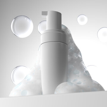 Realistic Cosmetic white Shampoo bottle surrounding with bubble amp white foam render