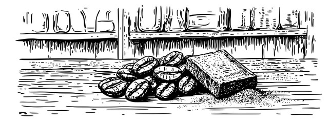 Obraz premium Engraved illustration of coffee beans and a block of sugar on a wooden table in a cozy cafe setting