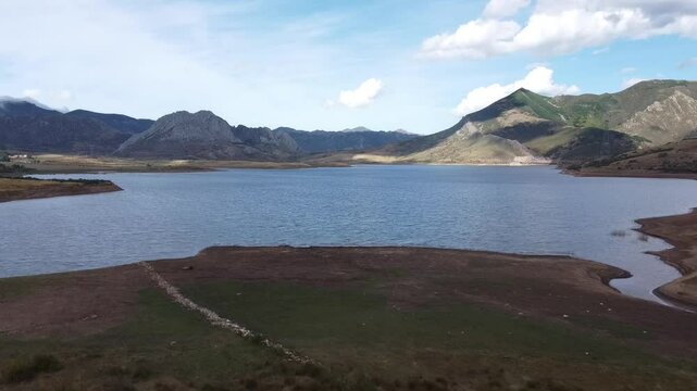 Aerial drone view over the Luna Reservoir in the Babia Valley, Cantabrian Range - 536
