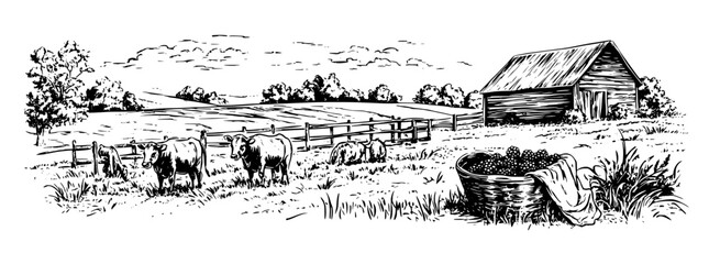 Obraz premium Engraved illustration of cows grazing near a rustic barn with a basket of produce in a serene countryside setting