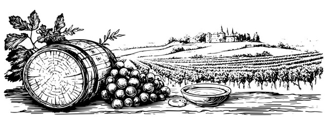 Obraz premium Engraved illustration of a vineyard landscape featuring grapes, a wine barrel, and a bowl in the foreground