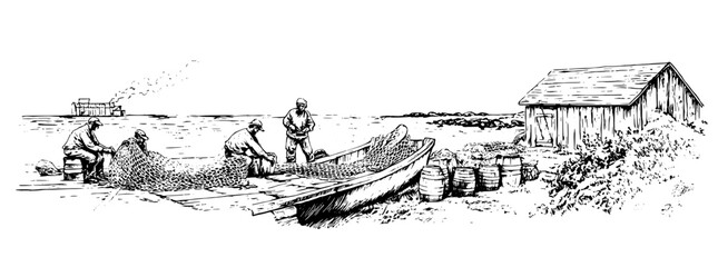 Obraz premium Engraved illustration of fishermen working on a boat near a seaside cottage during the day