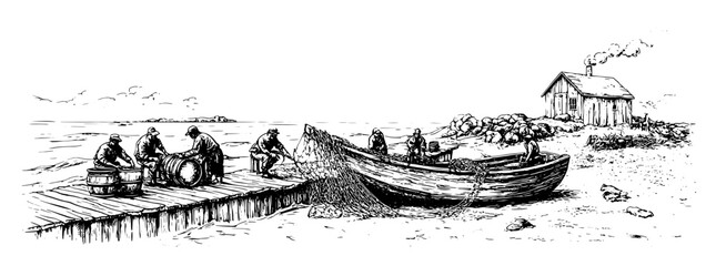 Obraz premium Engraved illustration of fishermen working at a coastal harbor with a small boat and a cabin in view