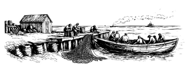 Fototapeta premium Traditional fishing activity at a coastal pier with fishermen preparing nets and boats