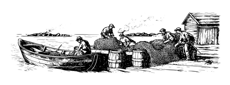 Engraved illustration of fishermen sorting nets by a coastal dock at sunset