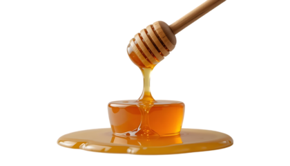 Golden honey dripping from a wooden dipper, showcasing sweetness, natural flavor, and organic goodness, isolated.