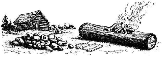 Obraz premium Engraved illustration of a rustic scene with a log cabin, wood pile, and campfire preparation in a natural setting