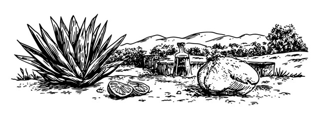 Engraved illustration of an agave plant, citrus fruits, and a distillation apparatus set in a natural landscape