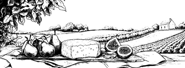 Obraz premium Engraved vintage illustration of a cheese platter with fresh fruit set against a scenic vineyard landscape