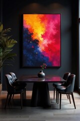 Polished black dining table, abstract art, ambient lighting, interior, sophisticated, elegant