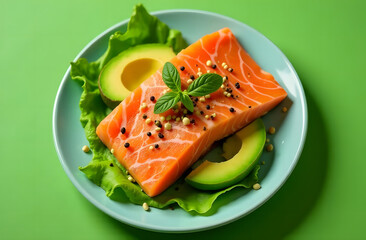 Keto diet concept - salmon, avocado, eggs, nuts and seeds, bright green background, top view