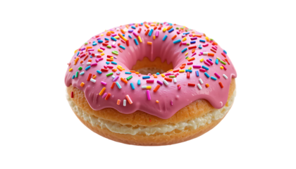 Delicious baked donut with pink frosting and colorful sprinkles, perfect for desserts.