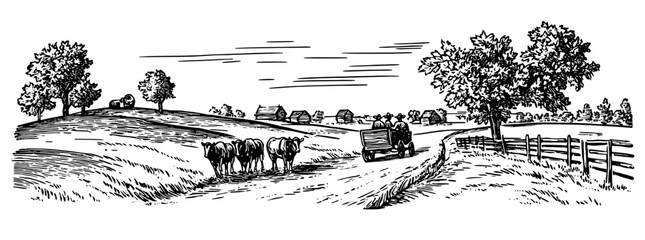Obraz premium Engraved illustration of a rural countryside landscape with cows, a cart, and trees depicting a peaceful farm scene