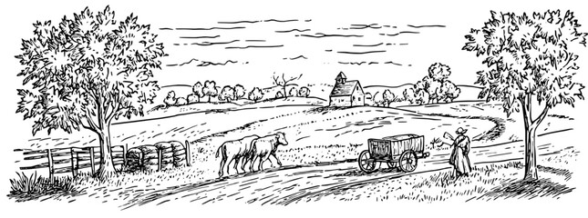Fototapeta premium Engraved illustration of a rural landscape with cows and a horse-drawn cart under a cloudy sky