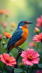 Fototapeta premium Floral bird perched amidst blooming wildflowers, vibrant colors , wings, bird, meadow