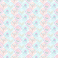 A seamless floral pattern featuring flowers and botanical elements in soft pastel tones. An elegant, nature-inspired aesthetic perfect for wallpaper, textiles, branding, and decorative projects.