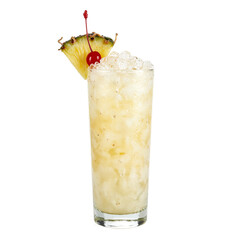 Tropical pina colada in a frosty glass garnished with a pineapple wedge and cherry against a white backdrop Smooth and refreshing vibes captured