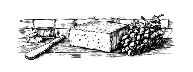 Engraved illustration of cheese, grapes, and a knife on wooden table preparing for a gourmet snack