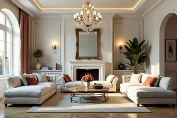 Spacious living room, crystal chandelier, ornate mirror, architecture, room, chandelier