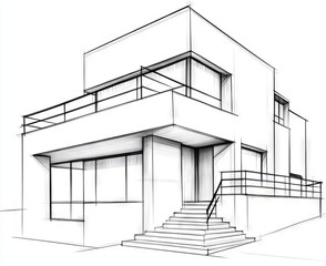 Modern house sketch, architectural drawing, exterior view, city background