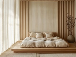 A minimalist bedroom showcasing soft neutral colors and natural light
