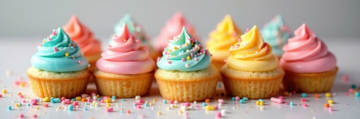 Pastel rainbow colored dessert display, with sprinkles , template, sweet