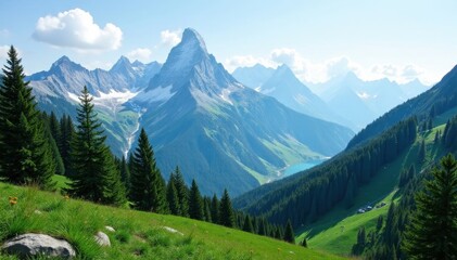 Fototapeta premium Majestic mountain range, evergreen trees, scenic vista, picturesque, hills