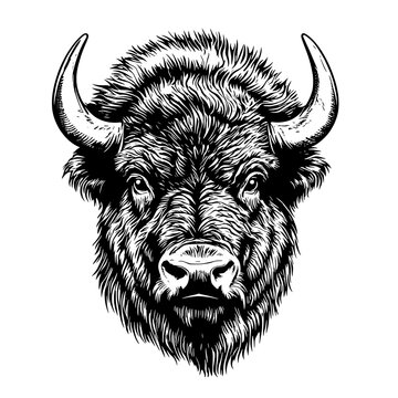 Engraved illustration of a detailed bison head showcasing realistic features and texture in a vector format