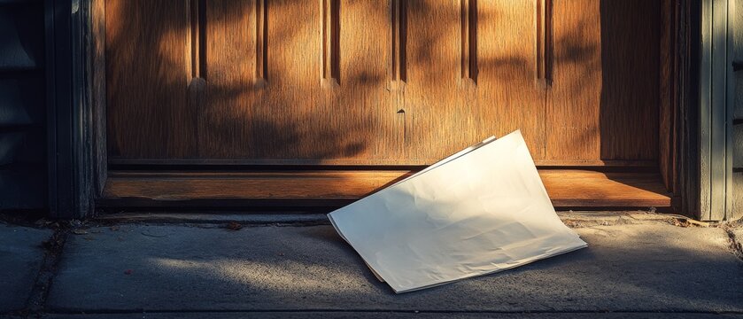 A morning newspaper lies before a wooden door, bathed in golden sunlight, evoking the promise of new stories and fresh beginnings to explore.